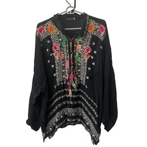 Johnny Was Women's XXL Indie Feather Embroidered Blouse Tunic Top Black Boho